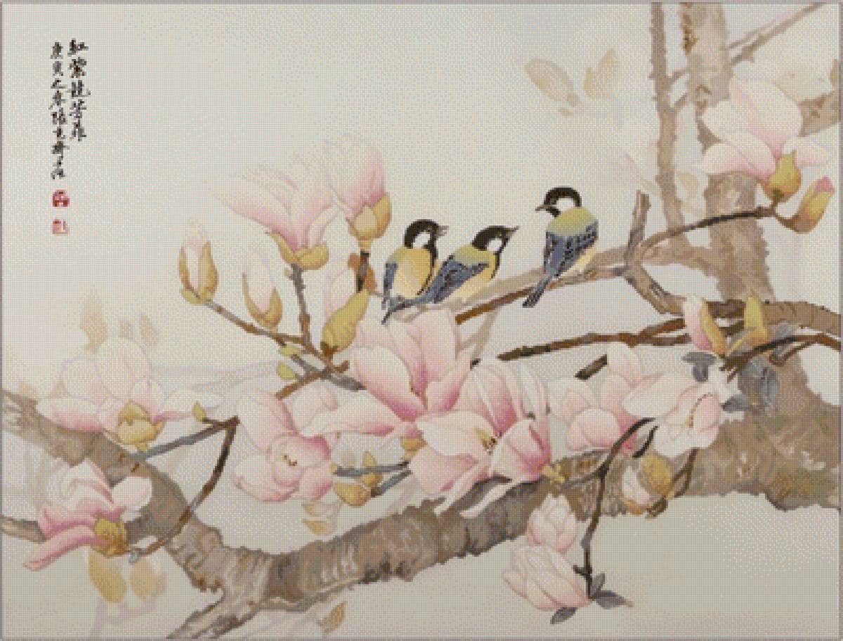 Магнолия - цветы, живопись, птицы - предпросмотр