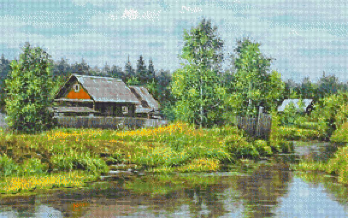 в деревне - село, изба, река, небо - предпросмотр