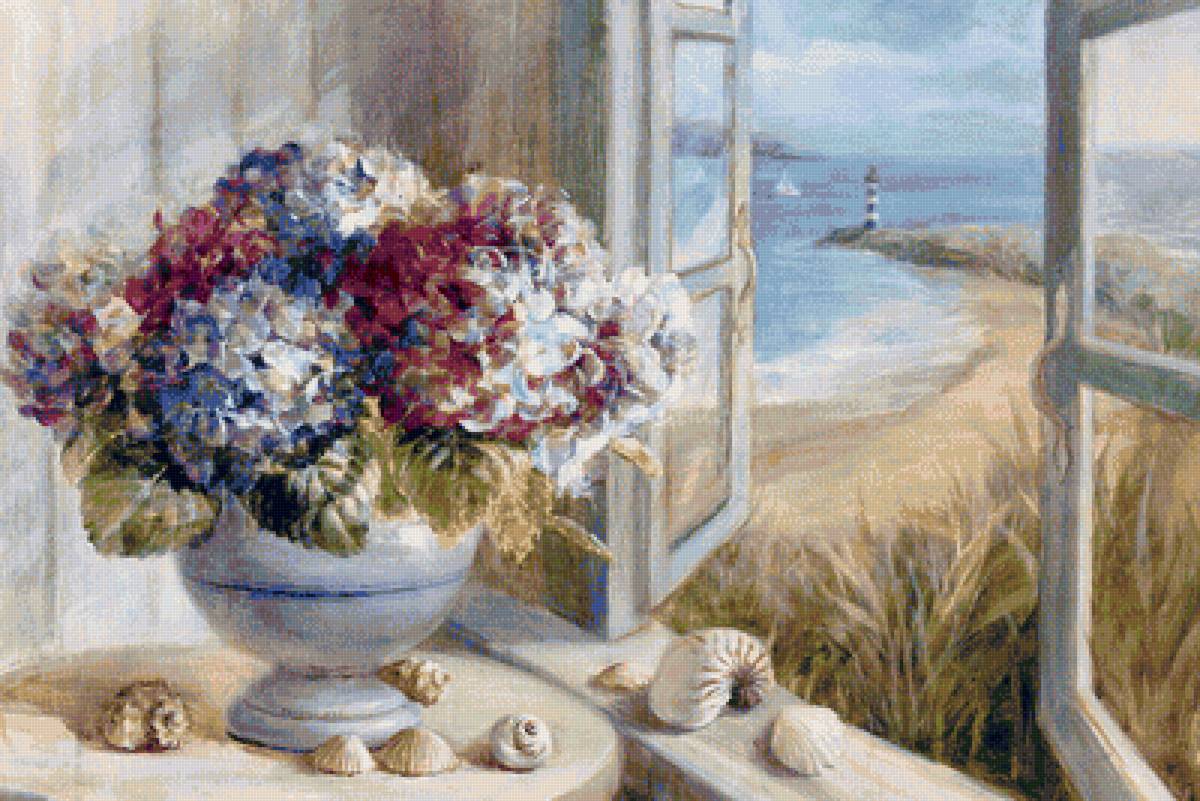 вид на море - окно, цветы, море - предпросмотр