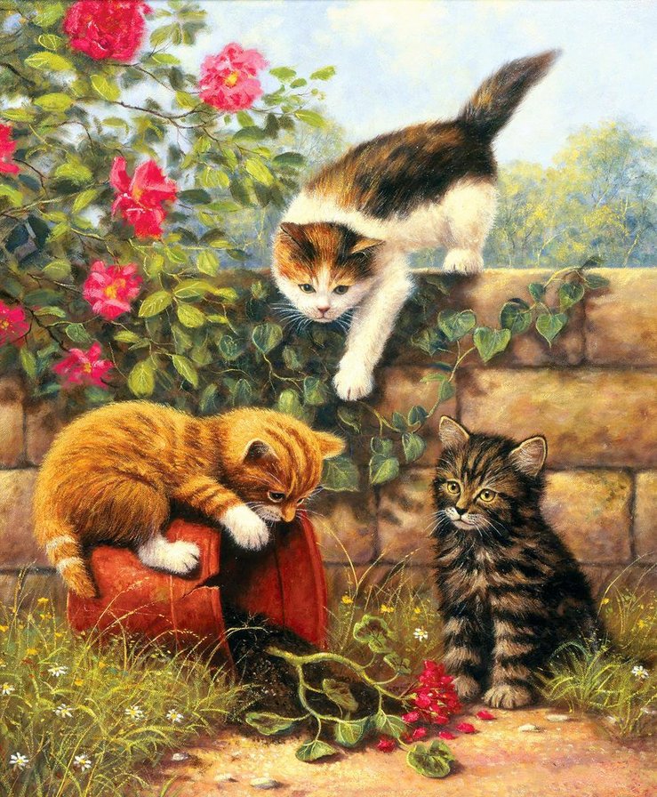 Нечаянно получилось - котята, цветы, домашние животные, сад - оригинал