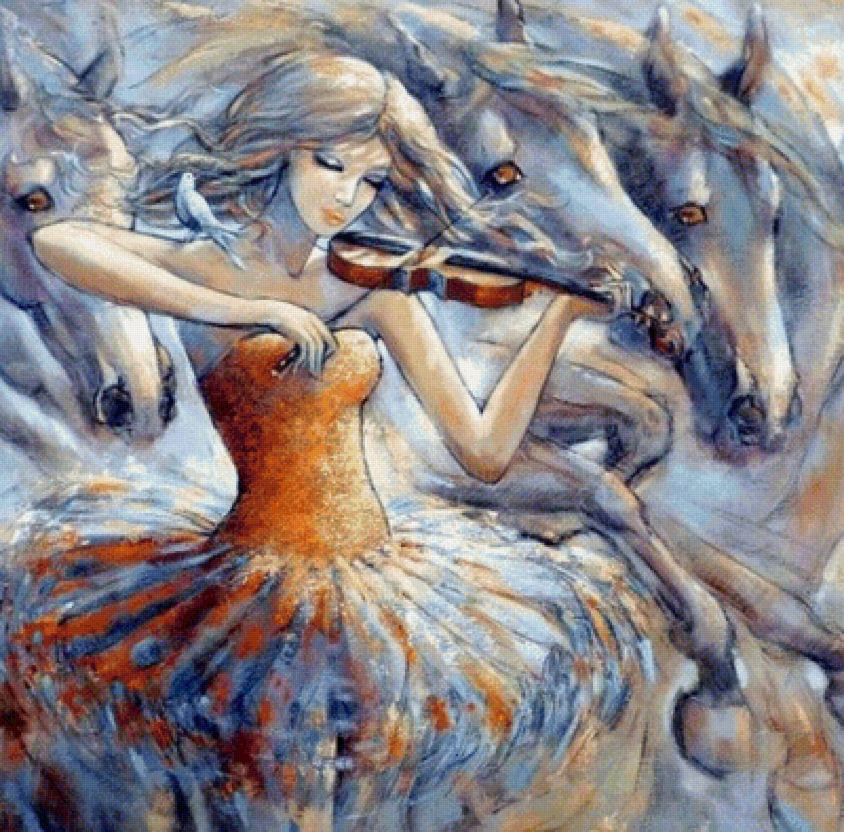 Девушка и лошади - люди, лошади, картина - предпросмотр