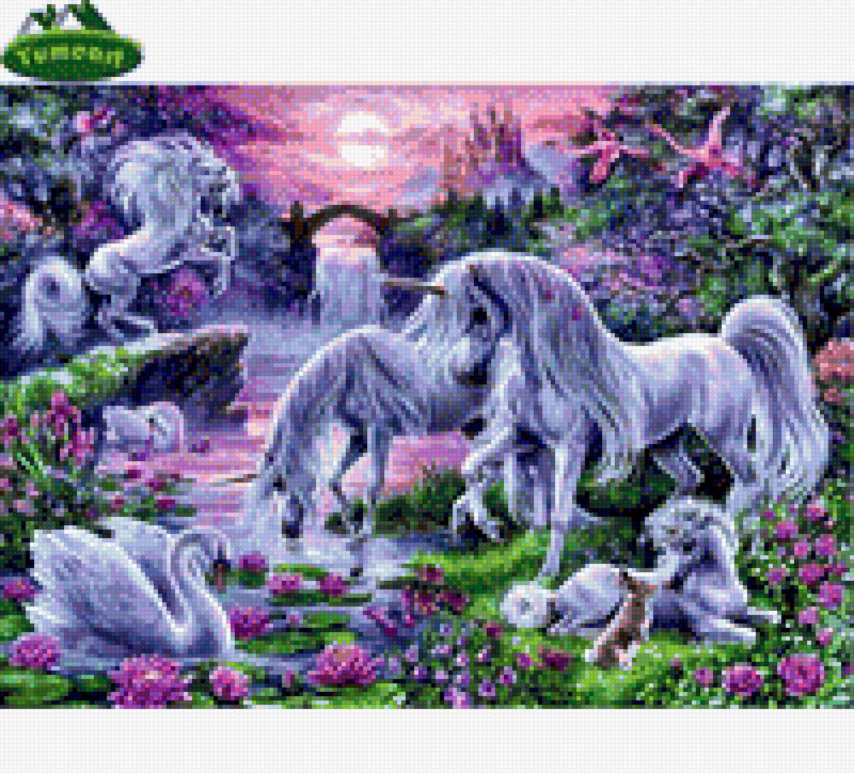 Семейство единорогов - красиво, единороги, лебеди, сказка - предпросмотр