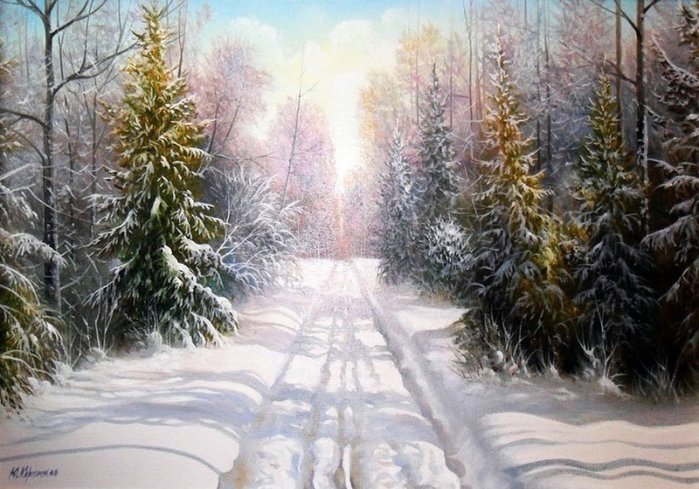 Зимняя дорога - снег, дорога, ель, лес - оригинал