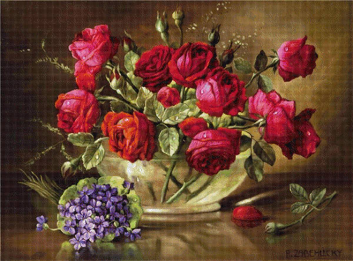 Розы и фиалки - цветы, букет - предпросмотр