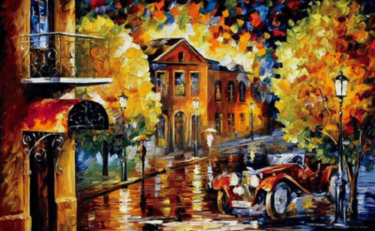 Картина Афремова - город, автомобиль, живопись, ночь, дождь - предпросмотр