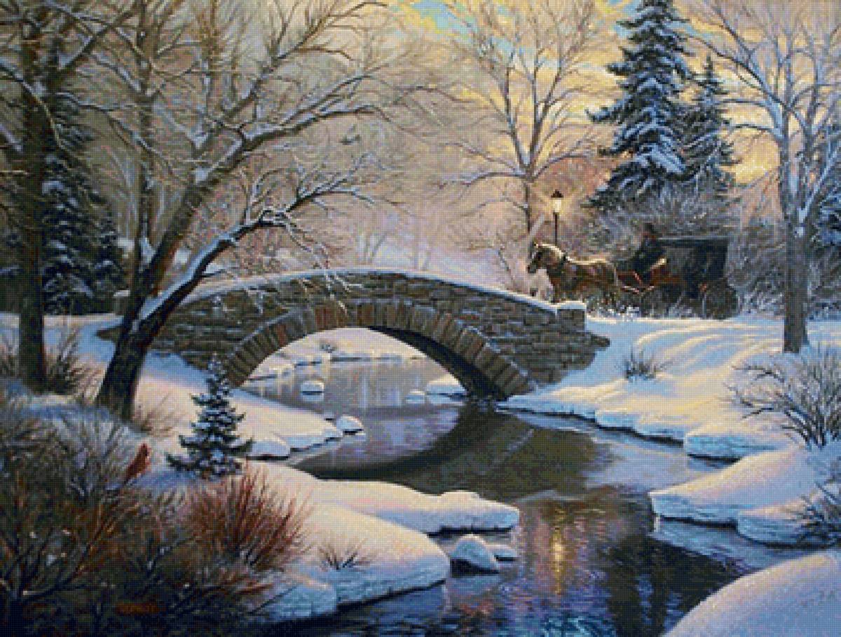 Карета - снег, зима, мост, лес, река - предпросмотр