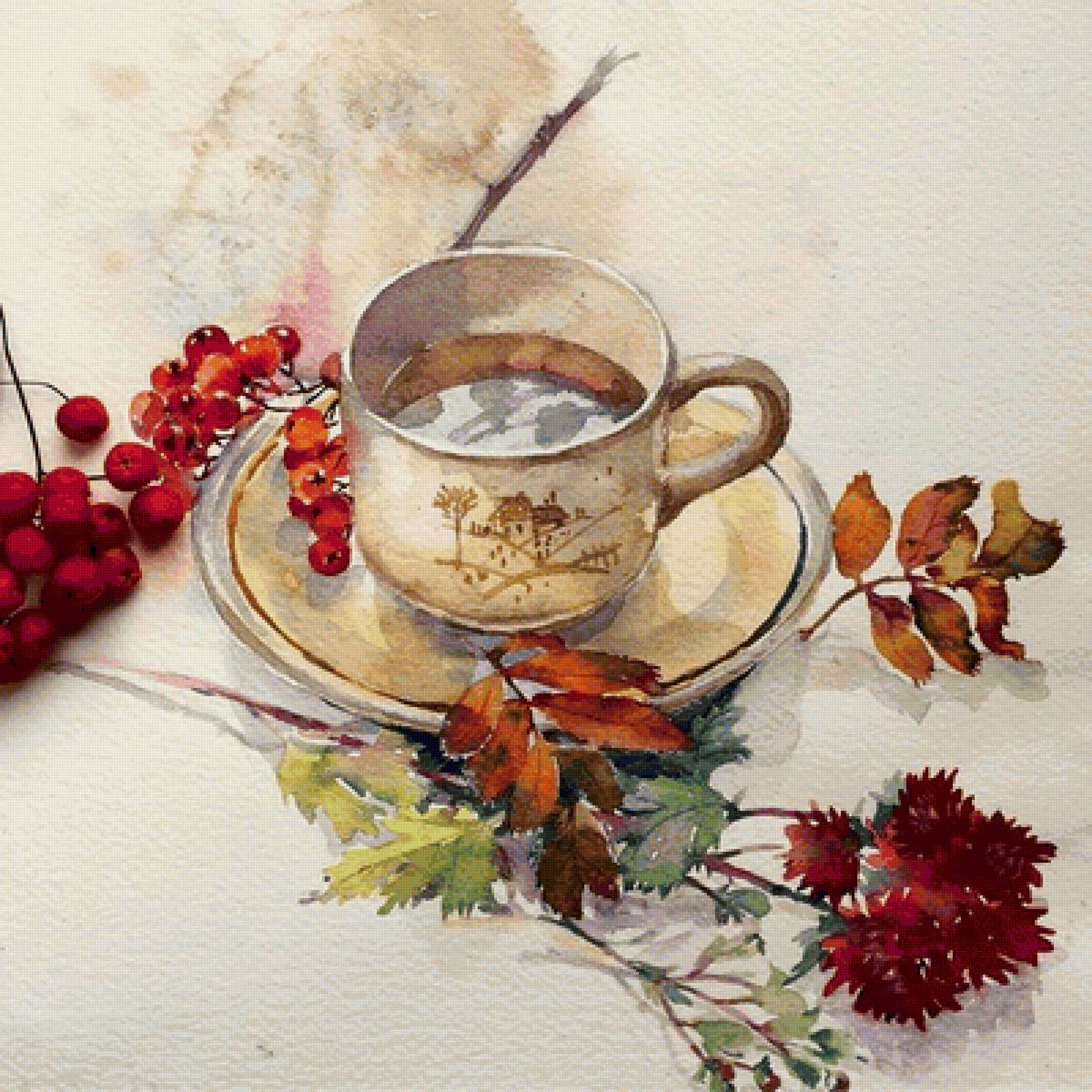 Грусть - рябина, чашка, акварель - предпросмотр