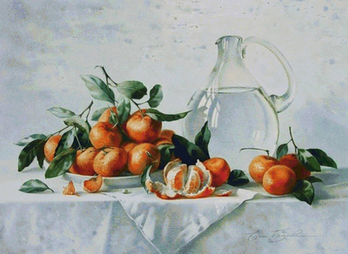 Мандарины - кувшин, вода, натюрморт, мандарин - предпросмотр