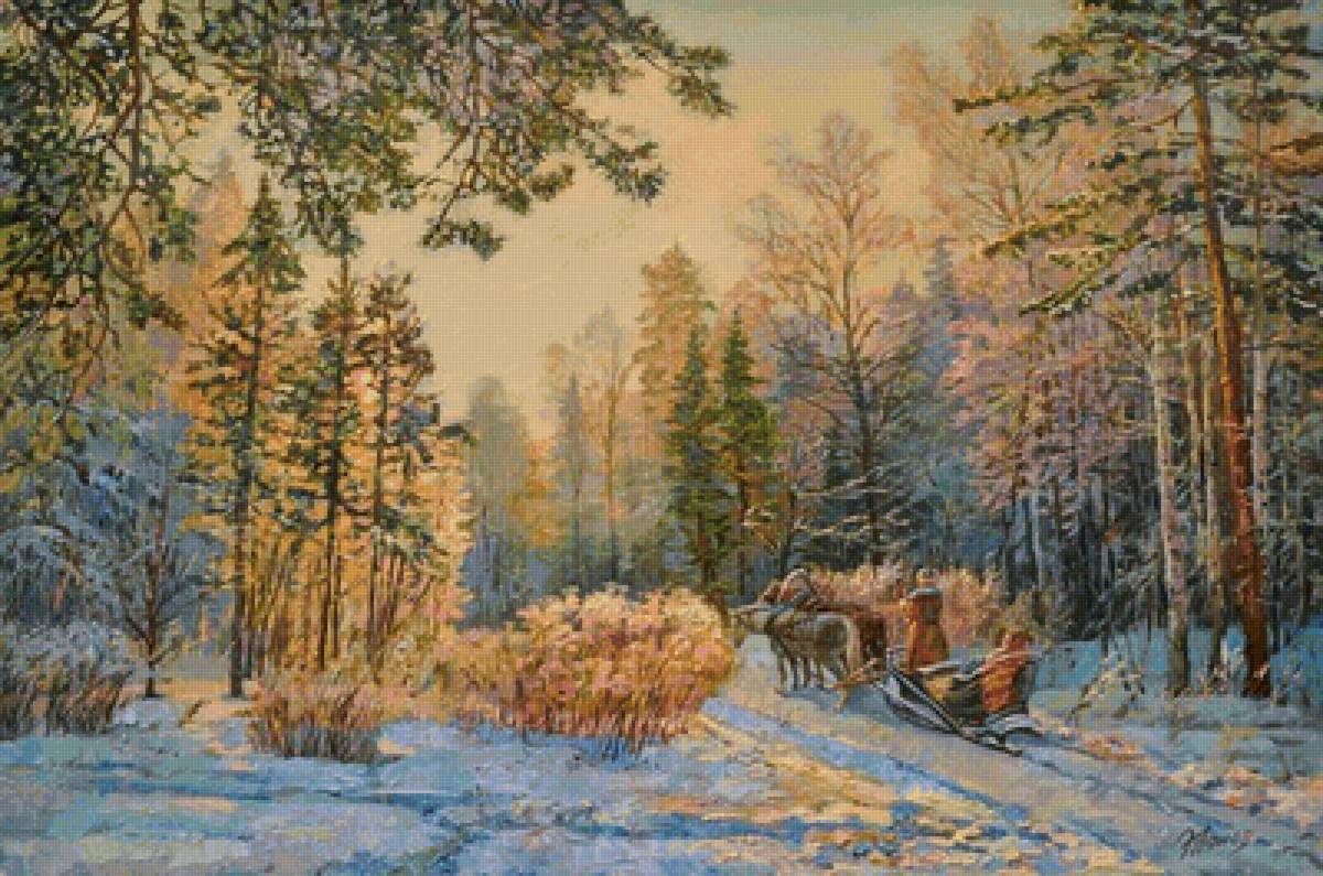 Дорога в лесу - сосны, деревья, сани, закат, зима, лес - предпросмотр