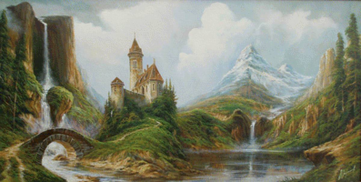 Замок - мост, замок, вода, водопад, горы, природа - предпросмотр