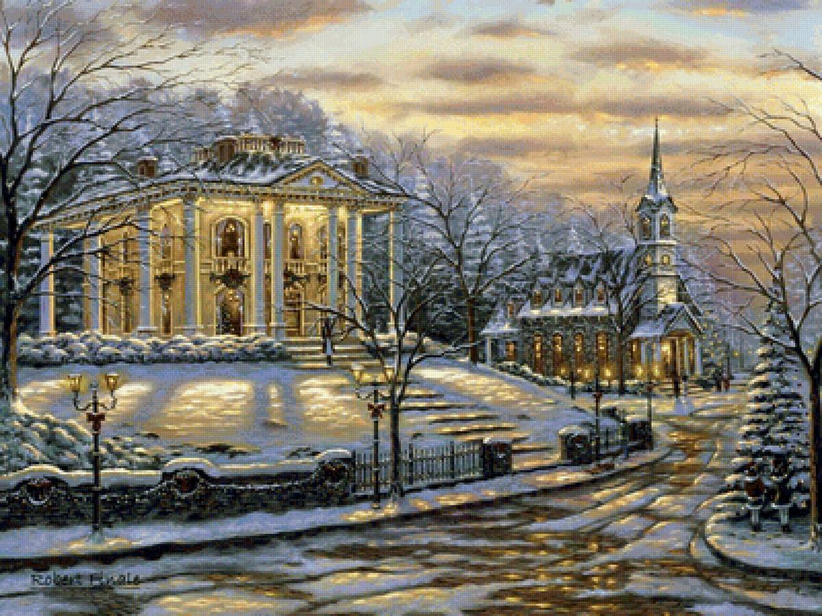 Вечерний город - свет, храм, город, дома, дорога - предпросмотр