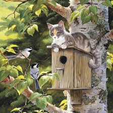 Схема вышивки «Кот и птицы»