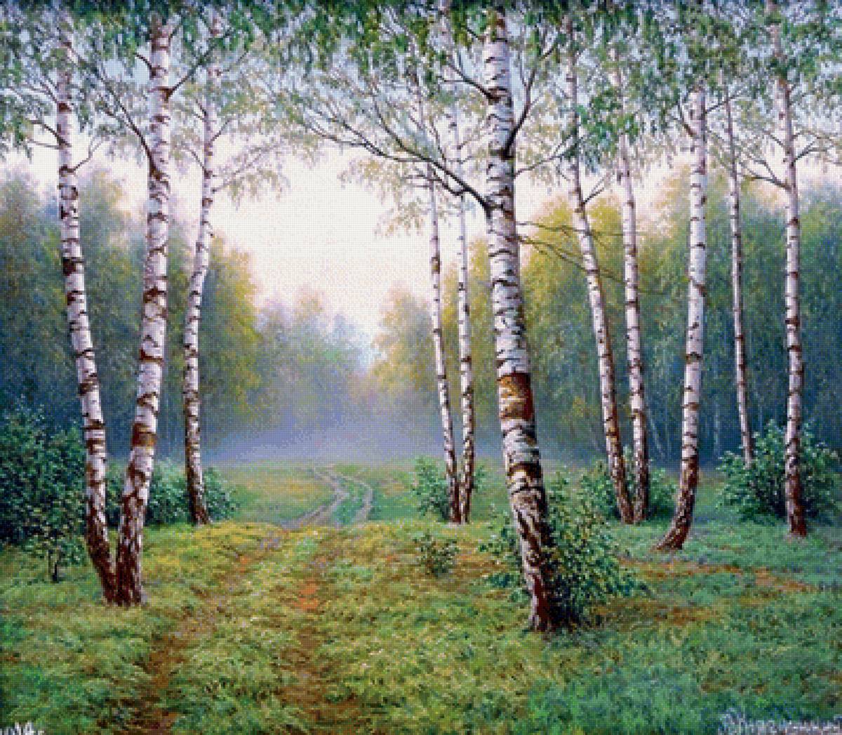 рассвет в лесу - пейзаж, живопись, природа, картина - предпросмотр