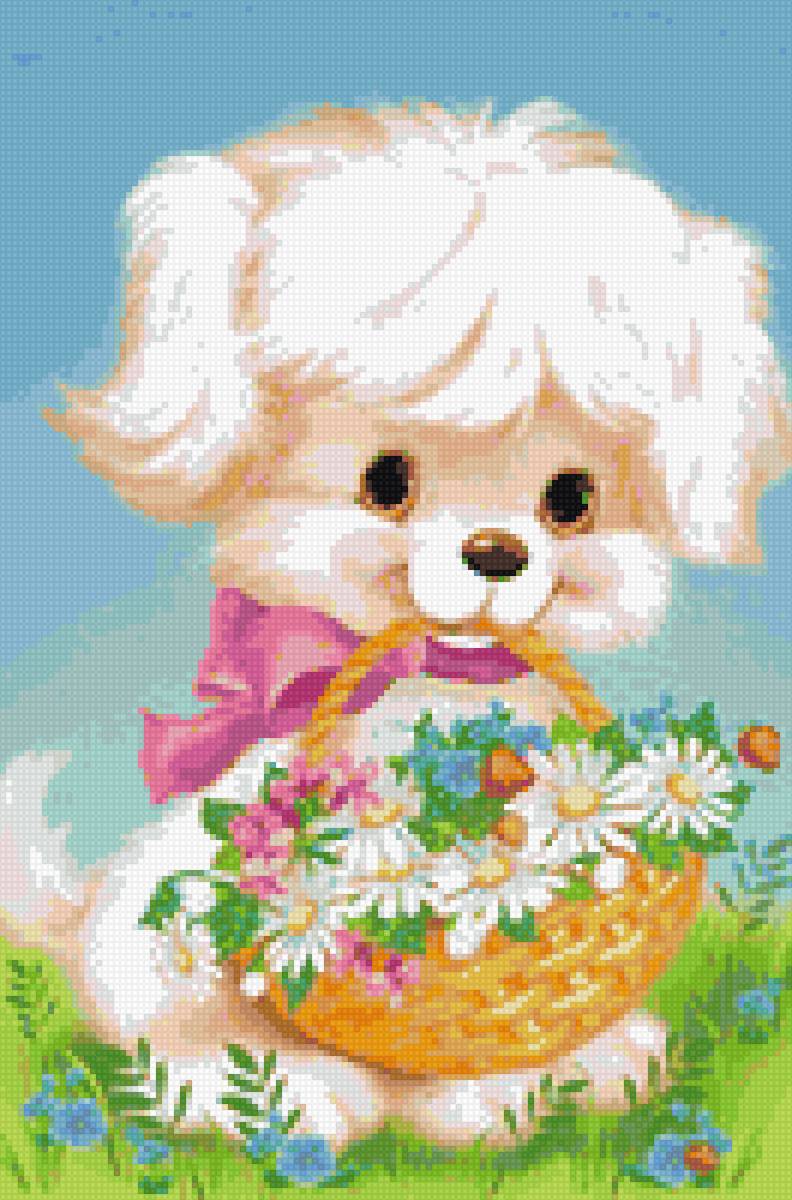 песик с корзинкой цветов - предпросмотр