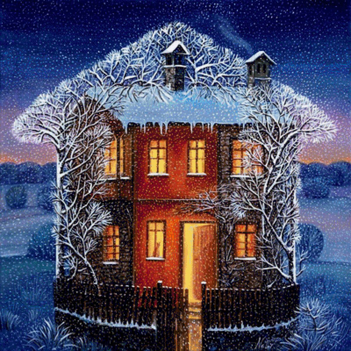 зимний домик - картина, пейзаж, зима - предпросмотр