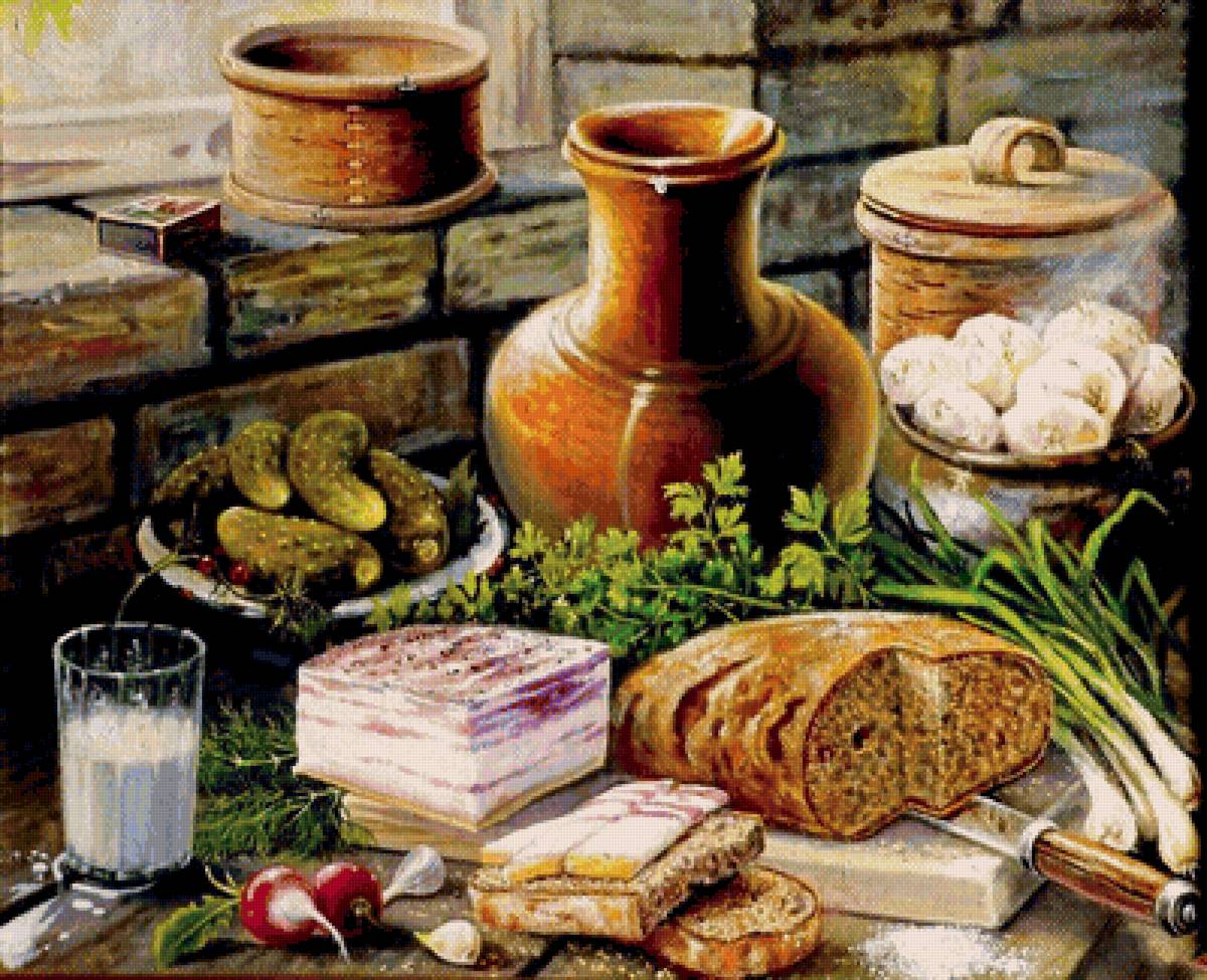 Деревенский натюрморт - натюрморт, огурцы, молоко, хлеб - предпросмотр