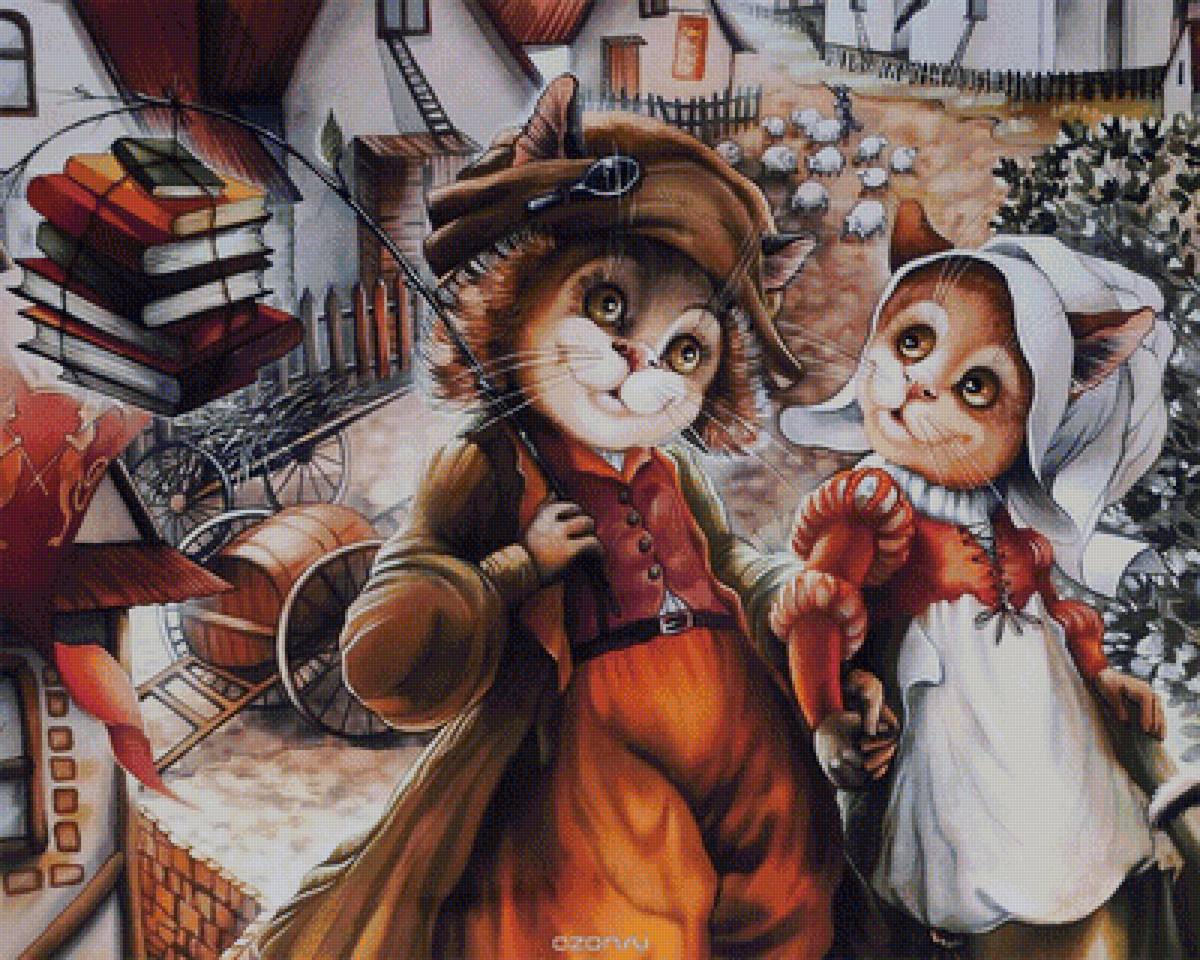 Кот и кошка - коты, рисунок, город - предпросмотр