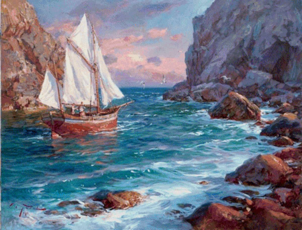 Скалистые берега. - скалы, корабль, море - предпросмотр