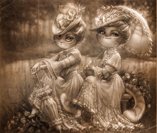Эдвардианские кошечки. Рисунок Tracy Butler - #кошки #эдвардианская_эпоха #леди #зонтик - оригинал