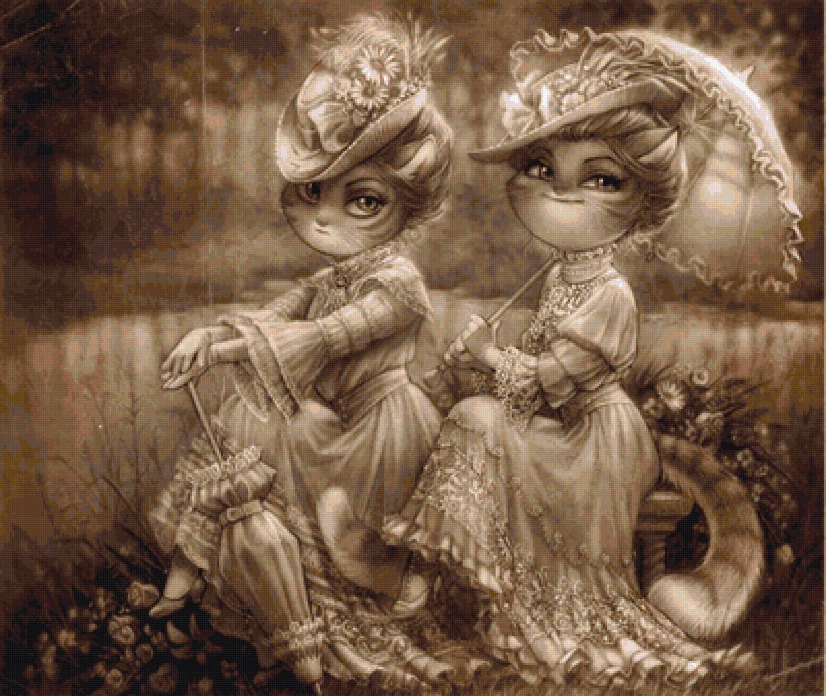 Эдвардианские кошечки. Рисунок Tracy Butler - #кошки #эдвардианская_эпоха #леди #зонтик - предпросмотр