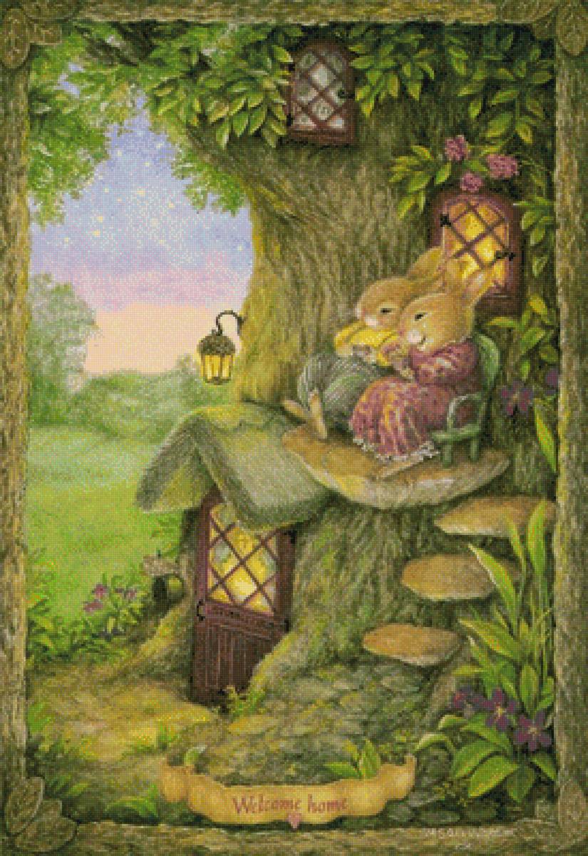 Домик - зайцы, сказка, дом, дерево - предпросмотр