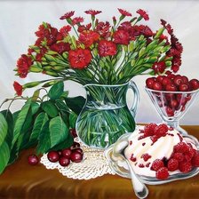 Схема вышивки «Натюрморт с гвоздиками и малиной»