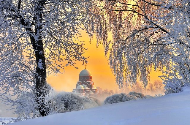 Русская зима - зима, закат, деревья, иней, храм - оригинал