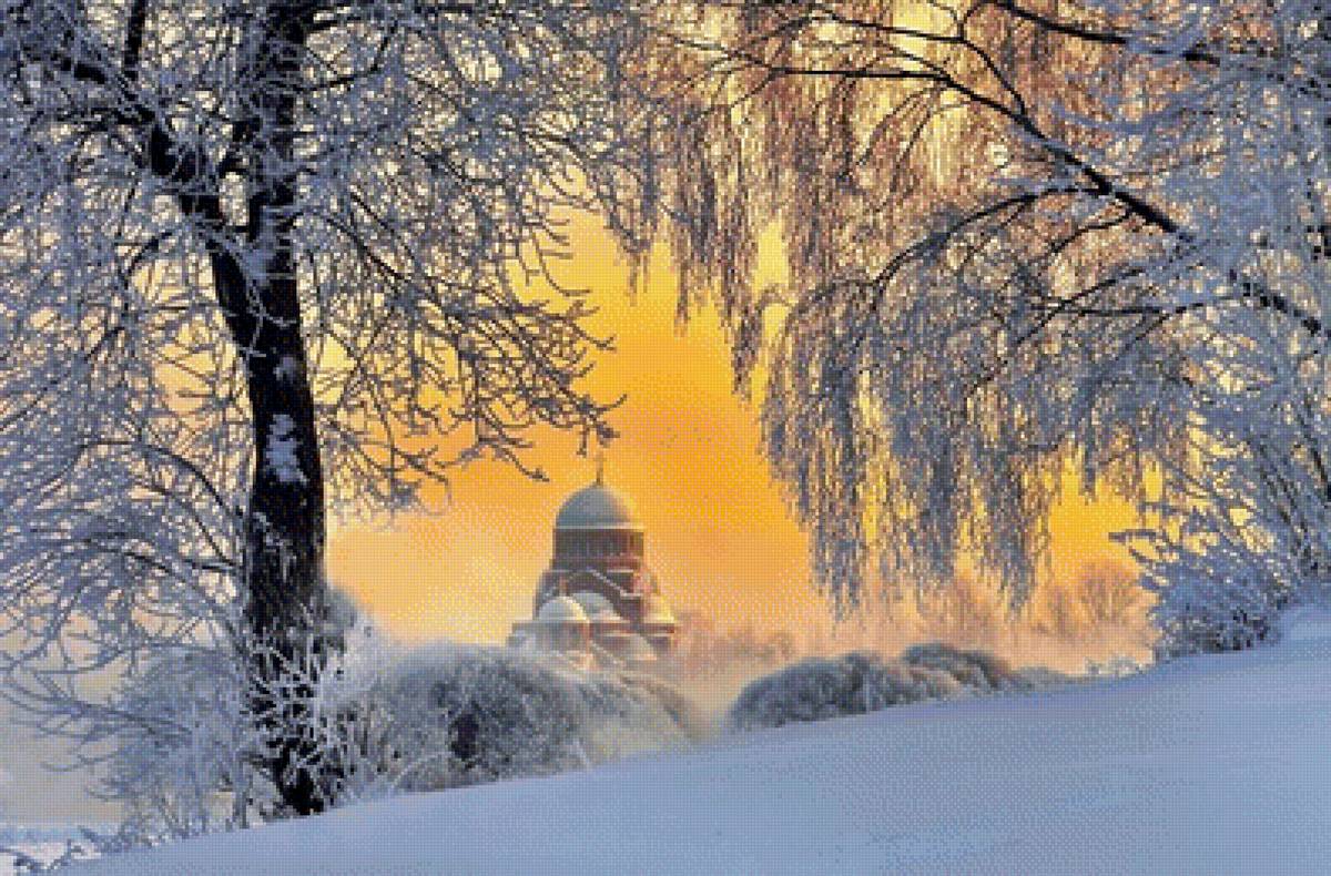 Русская зима - закат, деревья, зима, иней, храм - предпросмотр