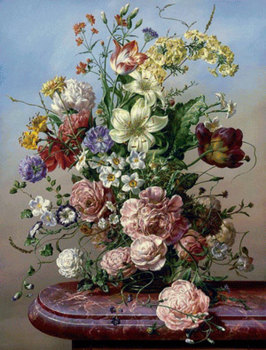 Букет на голубом фоне - живопись, цветы - предпросмотр