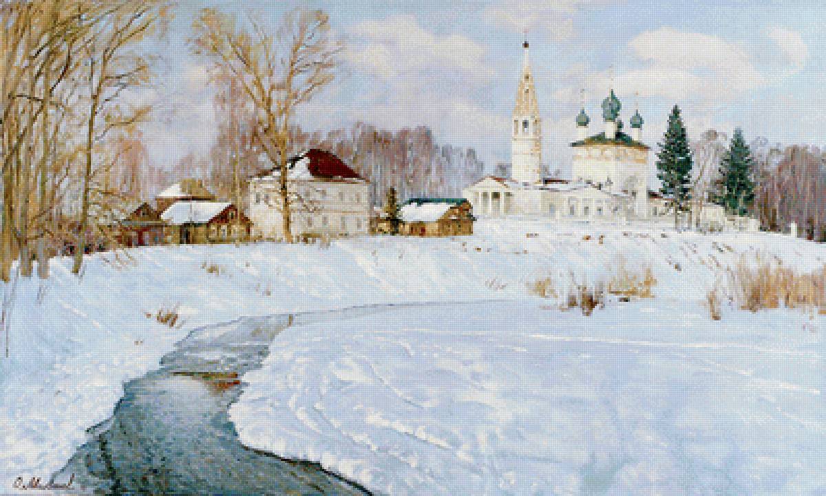 Монастырь - храм, река, зима, деревня, ели - предпросмотр