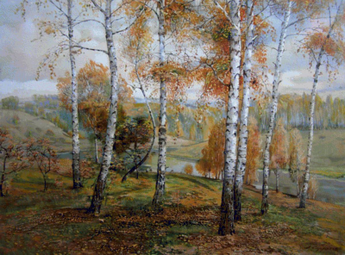 Тихая осень - река, листья, осень, березы, облака - предпросмотр