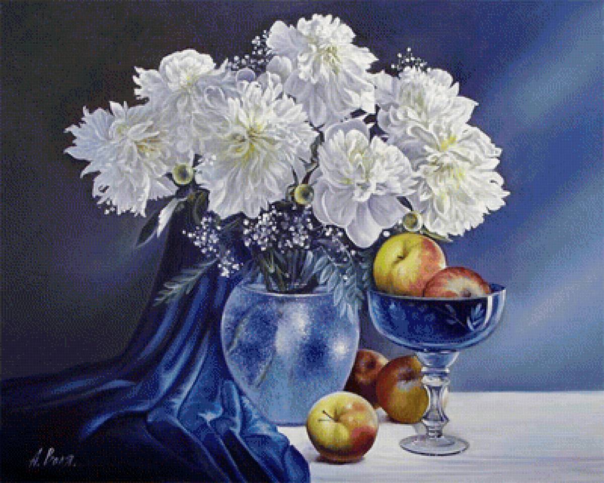 Белые пионы - цветы, яблоки - предпросмотр