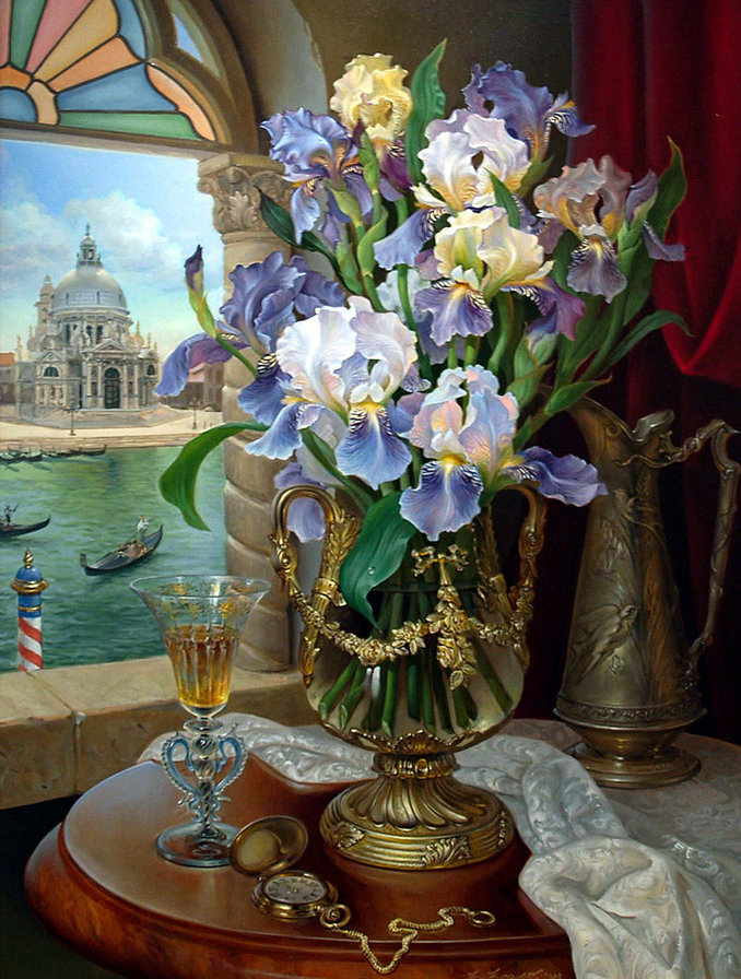 Венеция - город, окно, букет, ирисы, живопись - оригинал