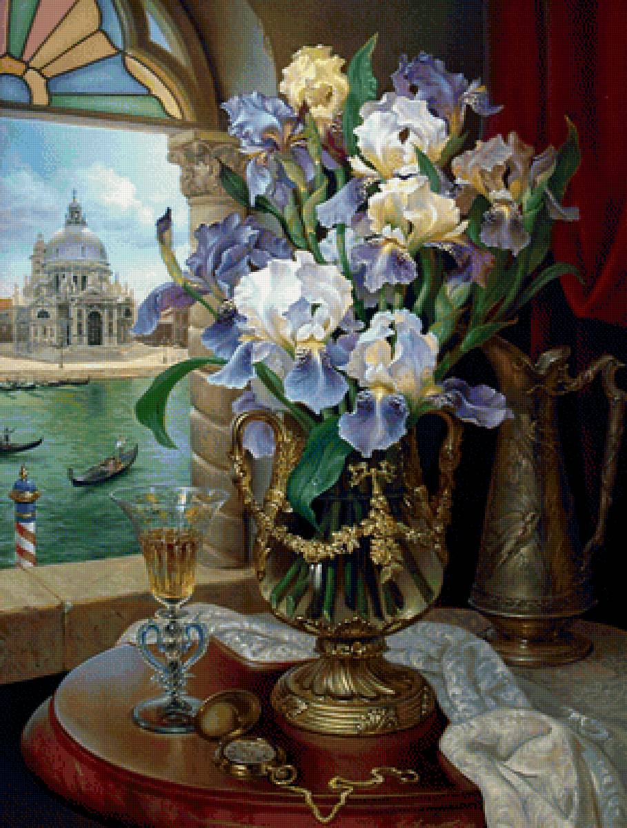 Венеция - окно, город, ирисы, букет, живопись - предпросмотр