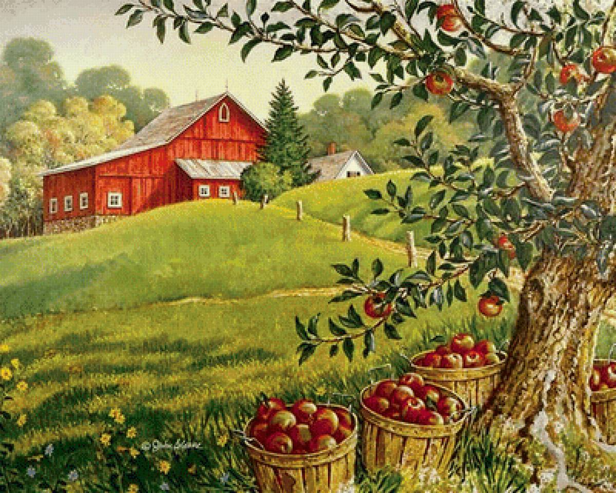 под яблоней - картина, пейзаж, природа - предпросмотр