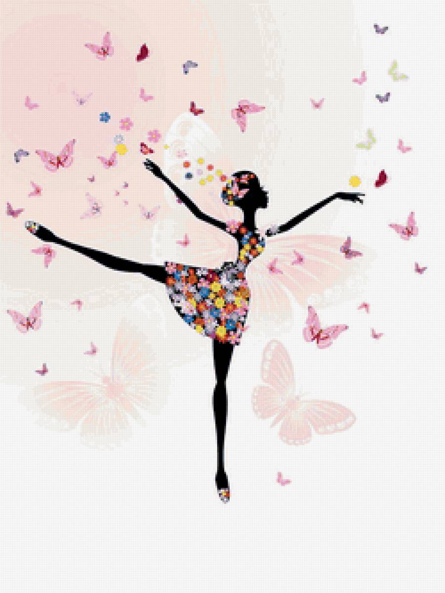 балерина с цветами - силуэт, балерина, танец, балет, бабочки - предпросмотр
