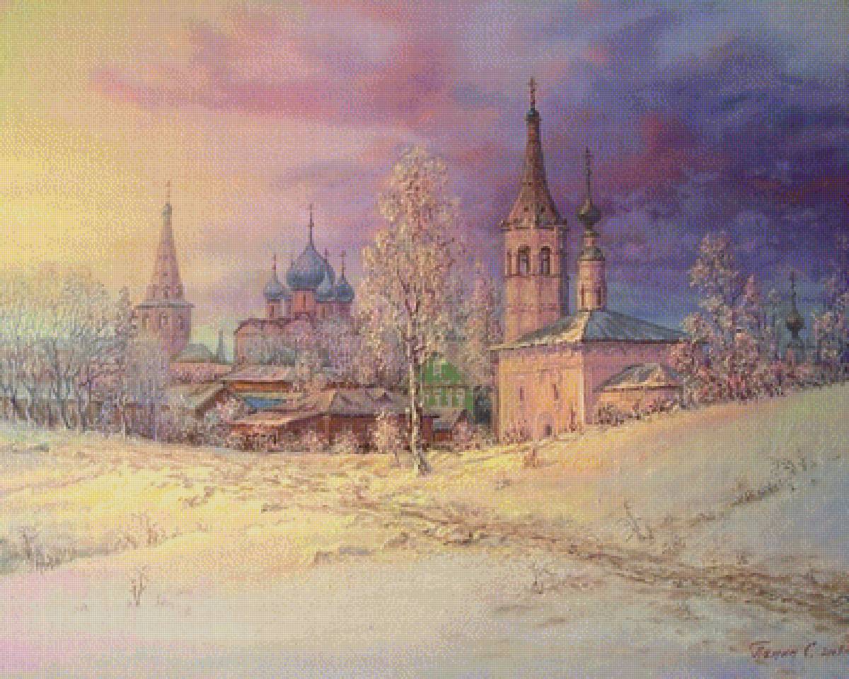 Зимний закат - деревья, дома, храм, дорожка, зима, снег - предпросмотр