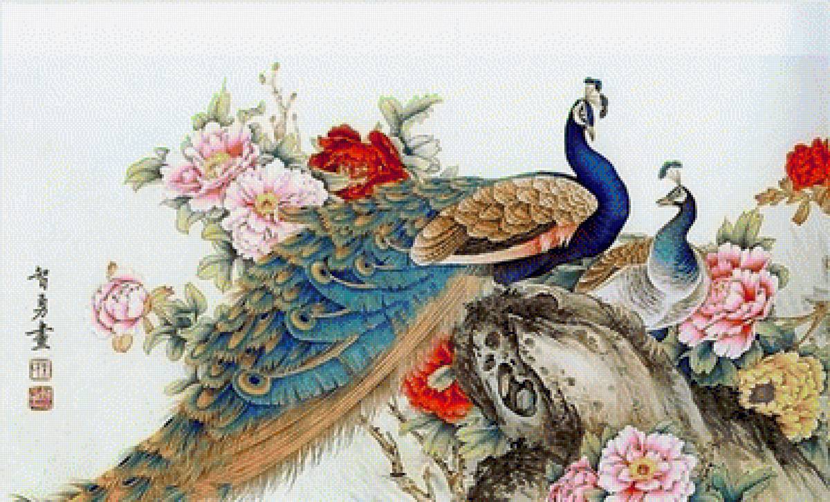 Пара павлинов - павлин, удача, процветание, восток, птица, китай, азия - предпросмотр