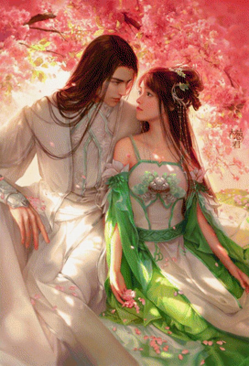 Влюбленные - китай, восток, азия, любовь, влюбленные, сакура, пара - предпросмотр