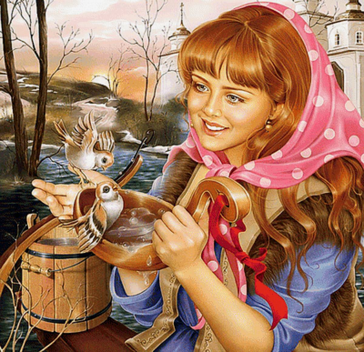 Доброта - вода. девушка, птички, храм, весна - предпросмотр