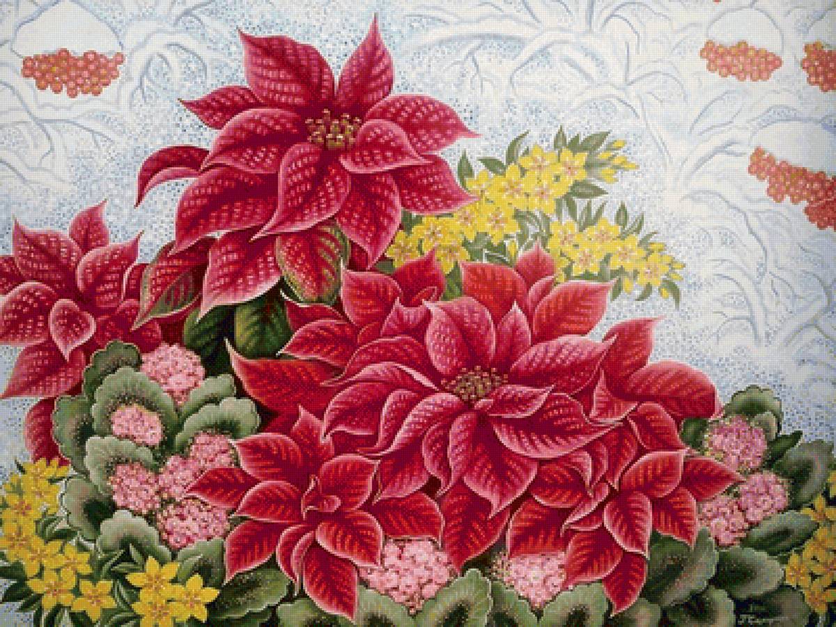 Зимние цветы - зима, цветы. рябина, снег - предпросмотр