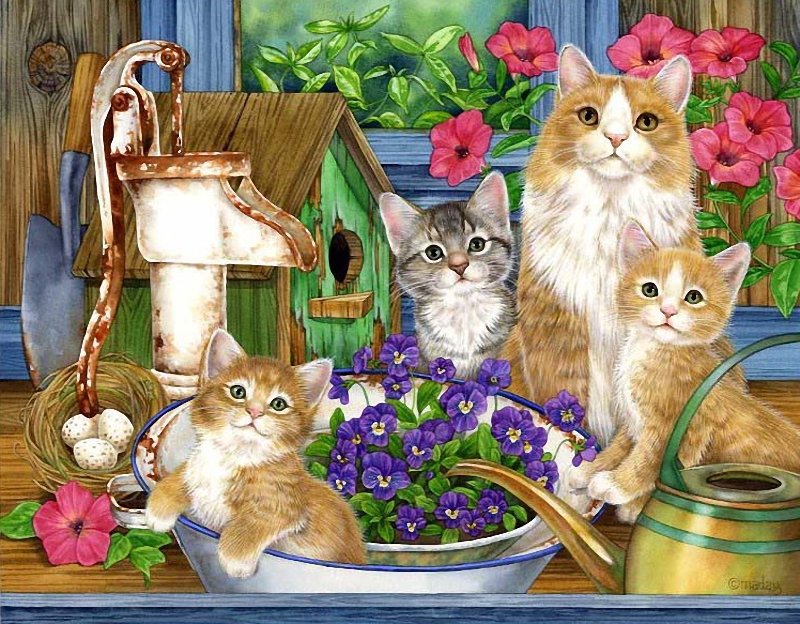 кошки-очарование моё... - кошка, цветы, котята - оригинал