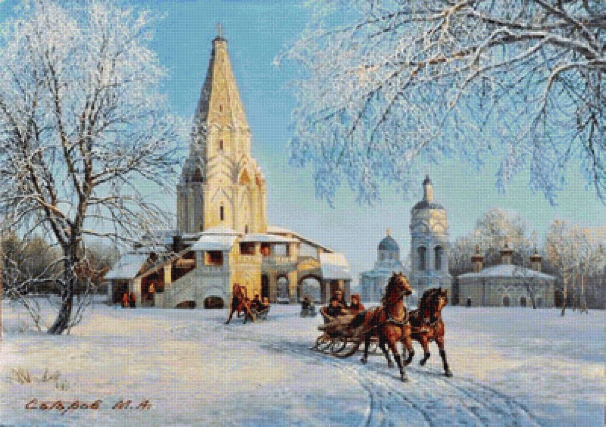 Зима в Коломенском - церковь, лошади, тройка, зима - предпросмотр