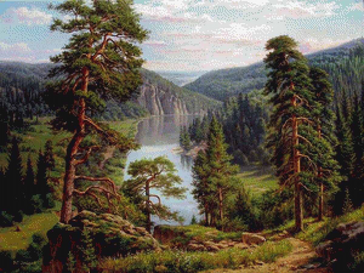 сосны у озера - горы, озеро, сосны, природа, пейзаж - предпросмотр