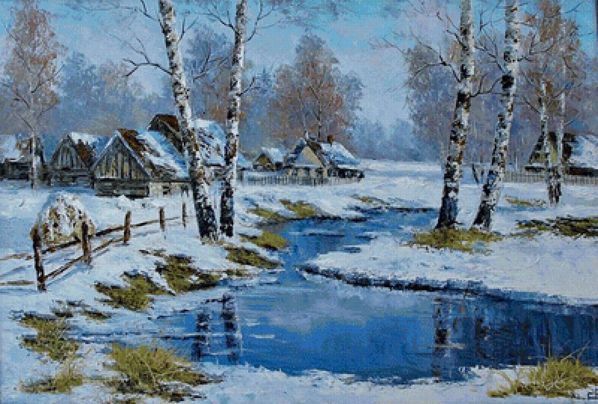 Март - снег, пейзаж, вода, живопись, весна - предпросмотр
