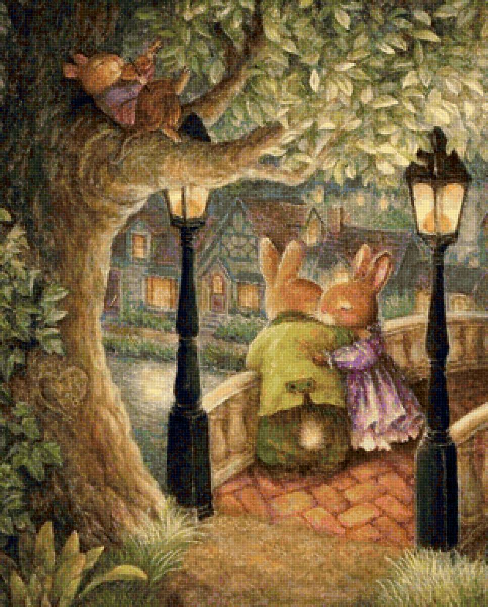 На мосту - зайцы. фонарь, мост, домик, сказка - предпросмотр