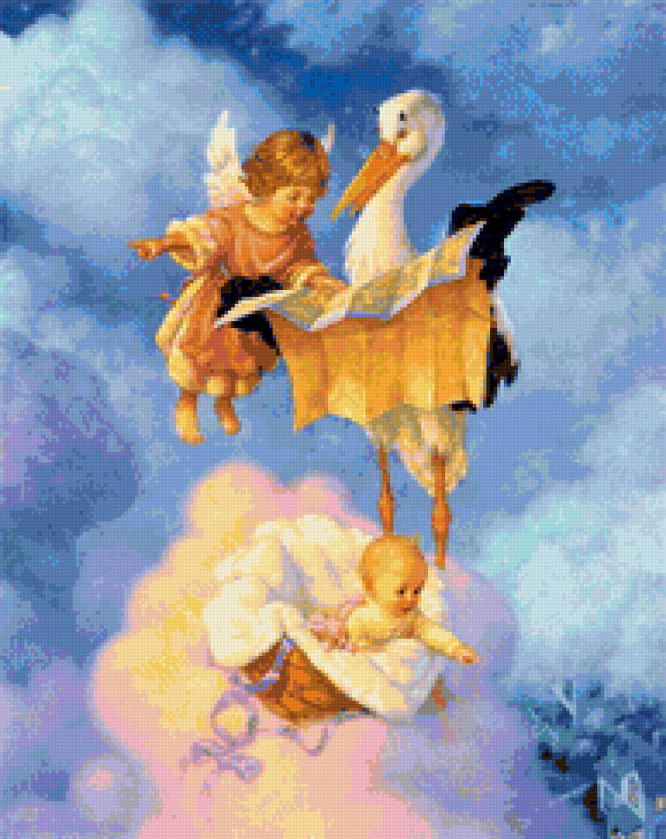 Ангел указывает путь аисту с ребенком - ребенок, в корзине, ангел, летит, лечу к вам, аист, на облаке - предпросмотр