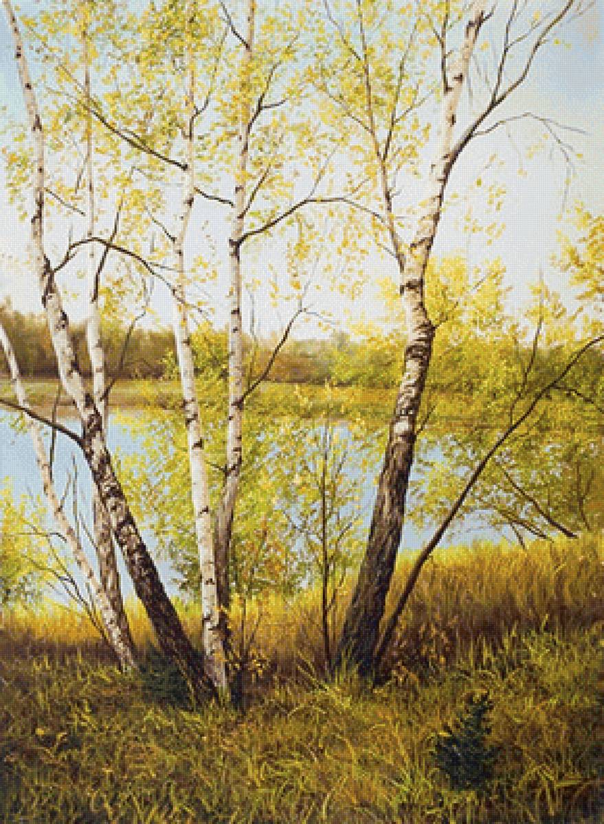 Первые листочки - вода, береза, трава, весна, живопись - предпросмотр