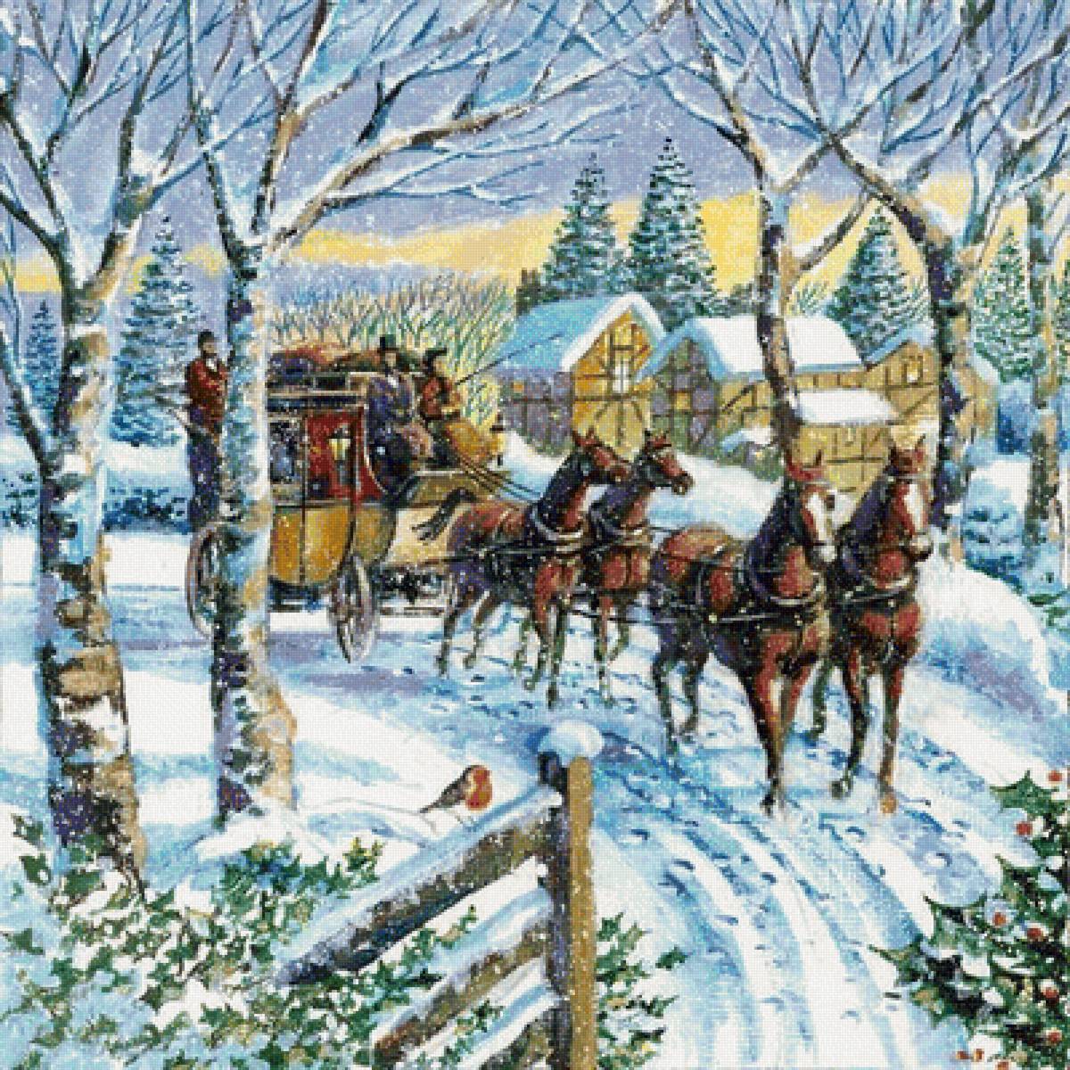 зимняя пргулка - зима, пейзаж, картина - предпросмотр