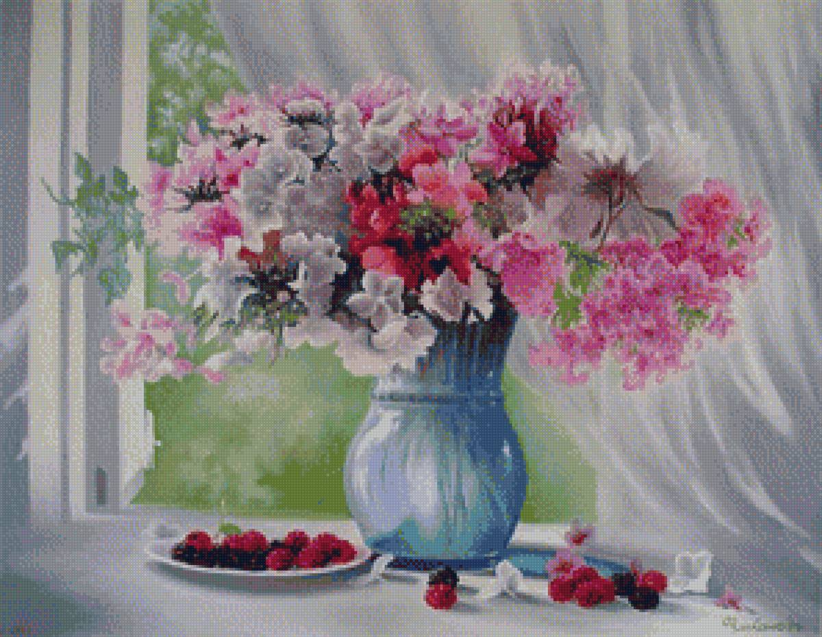 Малина и цветы - окно, цветы, утро - предпросмотр